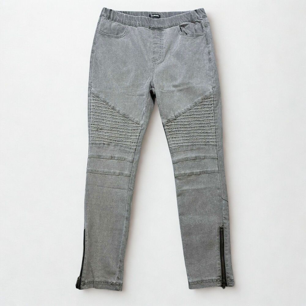 Flamingo Jeans Womens Large Moto Biker Stretch Gray Denim Zipper Ankle Pull On